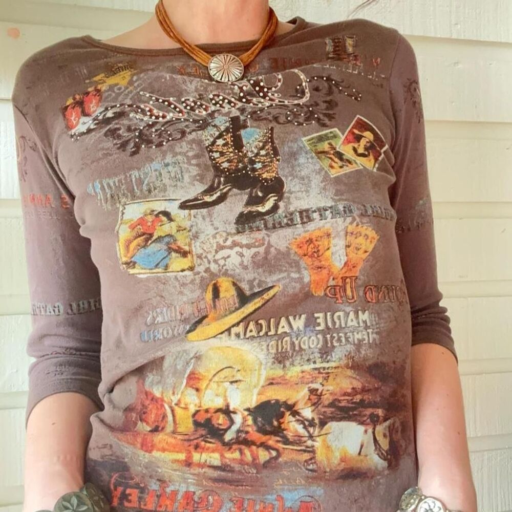 VTG Cactus Y2K Western Graphic Top Small All Over Print Cowgirl Rhinestone